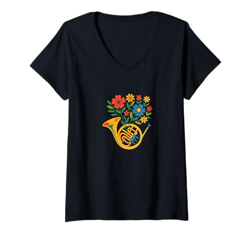 Damen Französisches Horn mit Blumenmuster, Musikliebhaber, Botanisches Instrument T-Shirt mit V-Ausschnitt Damen Französisches Horn mit Blumenmuster, Musikliebhaber, Botanisches Instrument T-Shirt mit V-Ausschnitt von Harmony Blooms Emporium