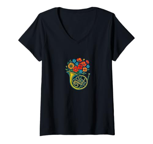 Damen Französisches Horn mit Blumenmuster, Musikliebhaber, Botanisches Instrument T-Shirt mit V-Ausschnitt Damen Französisches Horn mit Blumenmuster, Musikliebhaber, Botanisches Instrument T-Shirt mit V-Ausschnitt von Harmony Blooms Emporiums