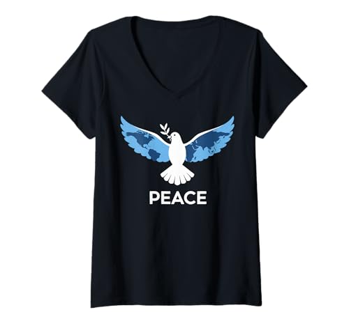 Damen Friedenstaube mit Weltkartenflügeln T-Shirt mit V-Ausschnitt Damen Friedenstaube mit Weltkartenflügeln T-Shirt mit V-Ausschnitt von Harmony Collective