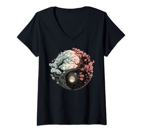 Damen Taoism Yin Yang Kirschblüte auf Taijitu Yin Yang T-Shirt mit V-Ausschnitt von Harmony Feng Shui Taoist Yin Yang Balance symbol
