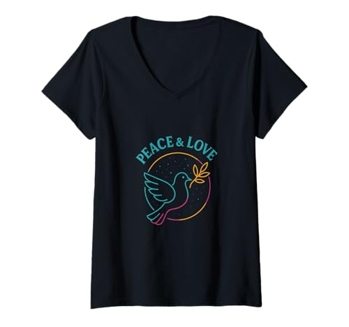 Damen Peace and Love Dove Regenbogen-Umrissdesign T-Shirt mit V-Ausschnitt von Harmony Vibe Collective