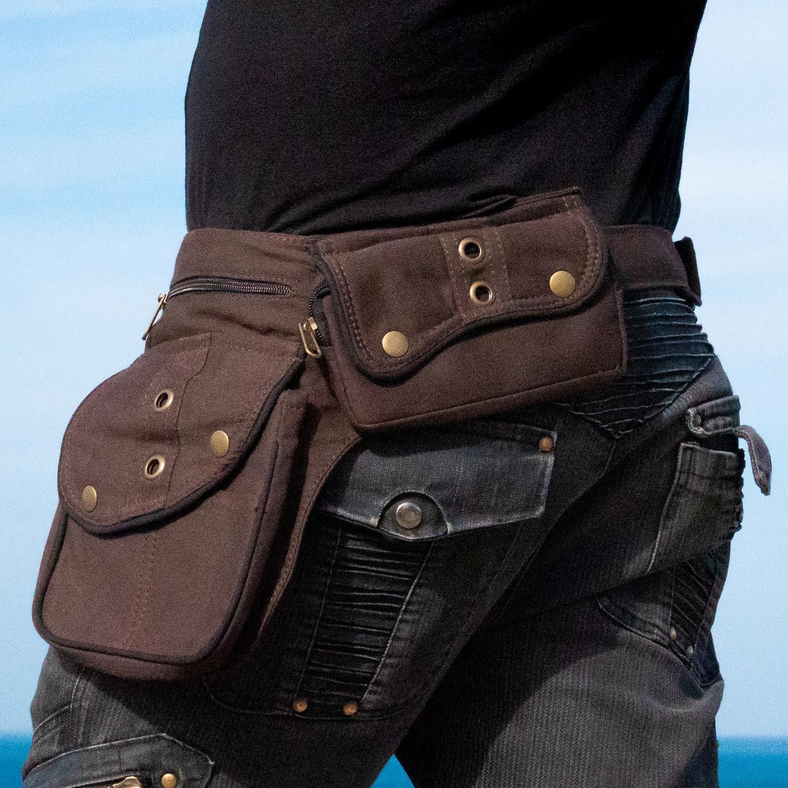 Gürteltasche ~ Baumwolle Hüfttasche Festival Und Reisegürtel Mit 7 Taschen Braun Schwarzer Randborte Der Nebulabelt von HarmonyWearDesigns