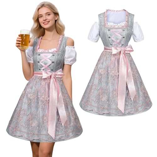 3 Stück Dirndl Damen Set Oktoberfest Damen Outfit Midi mit Dirndl Bluse Damen Trachtenkleid Trachtenrock Lang für Oktoberfest Besondere Bayerisches (Blau, 42) von HarnyLoom