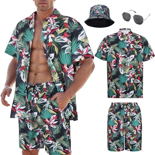 4 Pcs Hawaii Hemd Männer Hawai Kostüm Herren Outfit Sommer Shirt und Shorts Bucket Hat Sonnenbrille Party Beach Strandhemd Kurzarm von HarnyLoom
