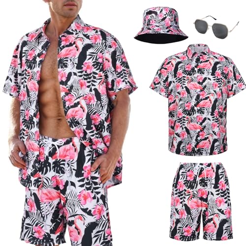 4 Pcs Hawaii Hemd Männer Hawai Kostüm Herren Outfit Sommer Shirt und Shorts Bucket Hat Sonnenbrille Party Beach Strandhemd Kurzarm von HarnyLoom