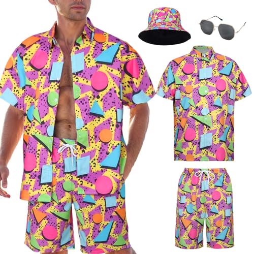 4 Pcs Hawaii Hemd Männer Hawai Kostüm Herren Outfit Sommer Shirt und Shorts Bucket Hat Sonnenbrille Party Beach Strandhemd Kurzarm von HarnyLoom