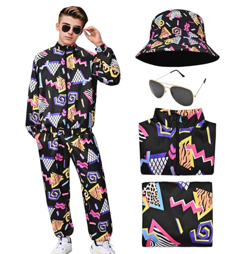 80er Jahre Outfit Damen Herren 80er Trainingsanzug Retro Kostüm Jacke Hip Hop Disco Gläser Hut Zubehör Windbreaker Karneval Halloween Party Cosplay von HarnyLoom