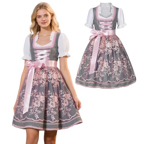 Dirndl Damen Midi Oktoberfest Outfit mit Dirndl Bluse Damen Trachtenkleid Dirndlkleid Kleid Lang für Oktoberfest Trachtenmode Grau Rosa Blau Schwarz (Grau, 42) von HarnyLoom