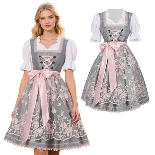 Dirndl Damen Midi Oktoberfest Outfit Trachtenkleid mit Dirndl Bluse Dirndl Lang Dirndlschürze Trachtenrock für Besondere Oktoberfest Party(DE/NL/SE/PL, Numerisch, 44, Regular, Regular, Rose) von HarnyLoom