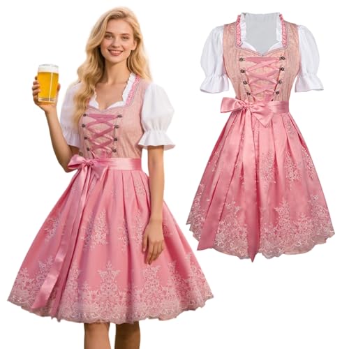 Dirndl Damen Midi Oktoberfest Outfit mit Dirndl Bluse Damen Trachtenkleid Dirndlkleid Kleid Lang für Oktoberfest Trachtenmode Grau Rosa Blau Schwarz (Rosa, 38) von HarnyLoom