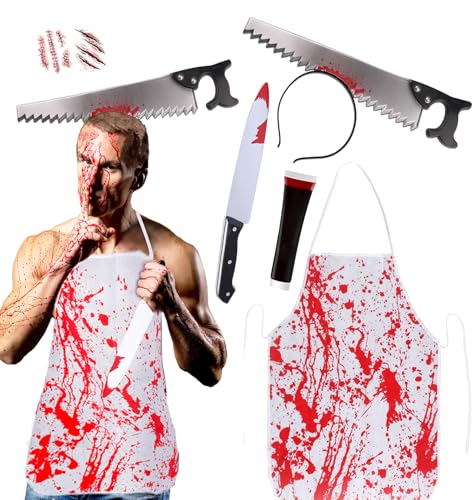 Halloween Blutige Schürze Metzger Kostüm, Halloween Kostüm Herren Horror Erwachsene Blut Koch Blutbad Blutnarben Tattoos Outfit Karneval Halloween Schlächter Kostüm Herren & Damen von HarnyLoom