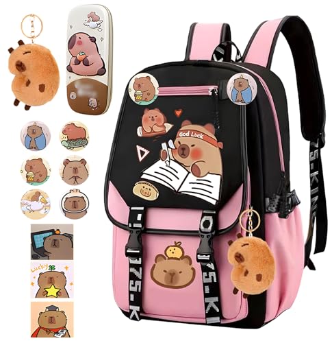 HarnyLoom Capybara Rucksack Schulsachen Set - Abzeichen, Federmäppchen Mädchen, Karten & Cute Keychain Back to School Schreibwaren Geschenkset für Kinder & Studenten Junge (Rosa) von HarnyLoom