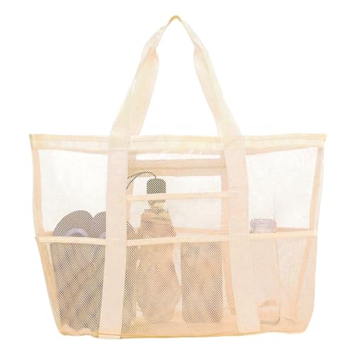 HarnyLoom Mesh Strandtasche XXL Familie Damen, Strandtasche mit Reißverschluss Groß Netztasche Badetasche Reisetasche Tote Beach Bag Urlaub Strand Zubehör Faltbar Sommer (Creme) von HarnyLoom