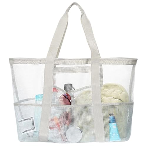HarnyLoom Mesh Strandtasche XXL Familie Damen, Strandtasche mit Reißverschluss Groß Netztasche Badetasche Reisetasche Tote Beach Bag Urlaub Strand Zubehör Faltbar Sommer (Grau) von HarnyLoom