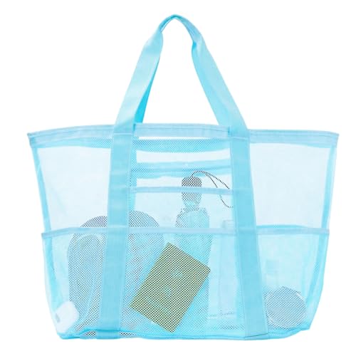 HarnyLoom Mesh Strandtasche XXL Familie Damen, Strandtasche mit Reißverschluss Groß Netztasche Badetasche Reisetasche Tote Beach Bag Urlaub Strand Zubehör Faltbar Sommer (Himmel Blau) von HarnyLoom
