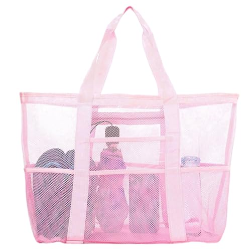 HarnyLoom Mesh Strandtasche XXL Familie Damen, Strandtasche mit Reißverschluss Groß Netztasche Badetasche Reisetasche Tote Beach Bag Urlaub Strand Zubehör Faltbar Sommer (Rosa) von HarnyLoom