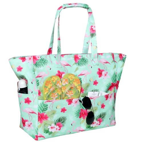 HarnyLoom Strandtasche XXL Damen mit Reißverschluss, Strandtasche Groß Familie Badetasche Hawaii Wasserdichter Faltbar Beach Bag Urlaub Sommer Strand Pool Shopper (Blau Flamingo) von HarnyLoom