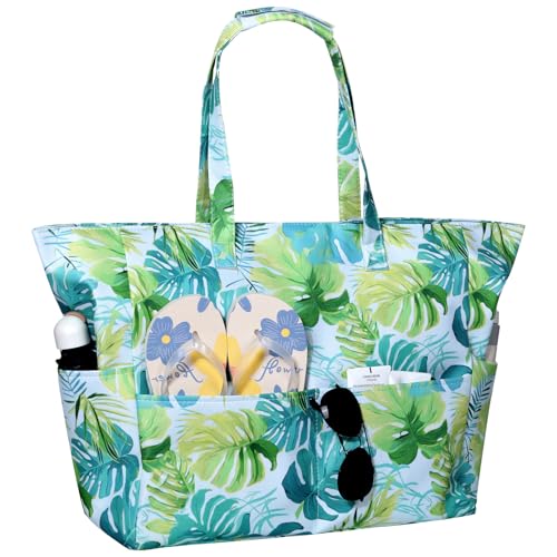HarnyLoom Strandtasche XXL Damen mit Reißverschluss, Strandtasche Groß Familie Badetasche Hawaii Wasserdichter Faltbar Beach Bag Urlaub Sommer Strand Pool Shopper (Grüne Palme) von HarnyLoom