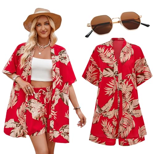 Hawaii Hemd Damen Hawaii Outfit Kurzarm Shirt Shorts Hawaiihemd Floral Sommer Tropisch Aloha Strand Flamingo Hawaiian Lässig Sonnenbrille von HarnyLoom