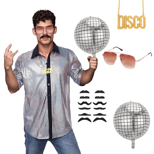 Hemd Herren Kurzarm Disco 70er jahre Outfit Herren Pailletten Button Down Hemd Männer Hippie Retro Mottoparty Karneval Party Kostüm (Silber, 2XL) von HarnyLoom