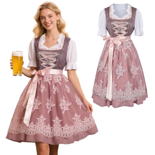Dirndl Damen Midi Oktoberfest Outfit mit Dirndl Bluse Damen Trachtenkleid Dirndlkleid Kleid Lang für Oktoberfest Trachtenmode Grau Rosa Blau Schwarz (Rosa 1, 38) von HarnyLoom