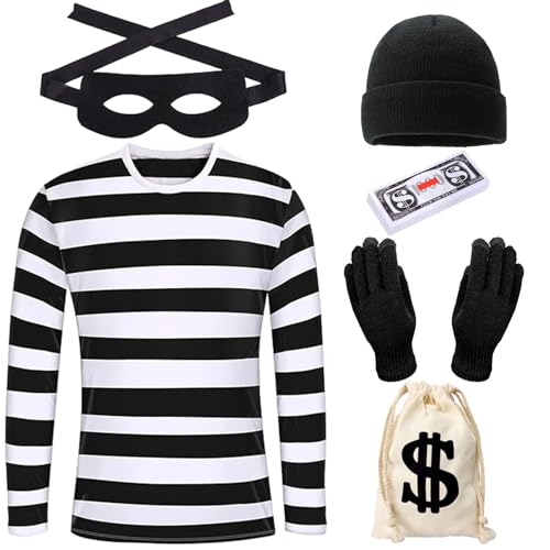 Räuber Kostüm Erwachsene Damen Herren Dieb Bankräuber Kostüm Schwarz Weiß T-Shirt Augenmaske Mütze Handschuhe Socken Taschen Zubehör Karneval Halloween Party Cosplay (Männer, XL) von HarnyLoom