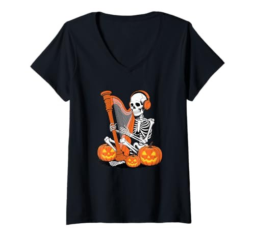 Damen Halloween Skelett Harfe Harfenist T-Shirt mit V-Ausschnitt Damen Halloween Skelett Harfe Harfenist T-Shirt mit V-Ausschnitt von Harp Gift For A Harpist