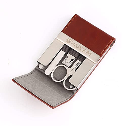 5-teiliges Maniküre-Set aus Edelstahl im hochwertigen Lederetui - Profi-Pediküre-Set - Kleines Reisemaniküre-Set für Männer und Frauen – Reisegeschenk – Nagelpflegeset – Nageletui – Pflegegeschenk von Harqum