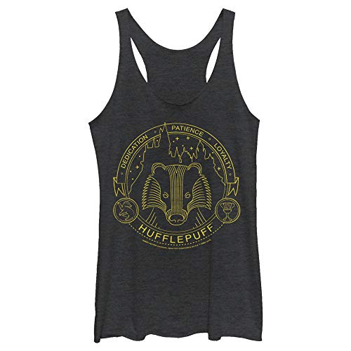 Harry Potter Deathly Hallows Hufflepuff Line Art Symbol Damen Racerback Tank Top, Schwarz meliert, Klein von Fifth Sun