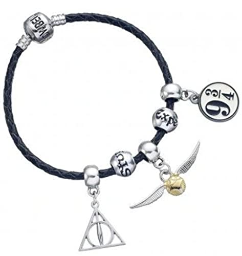 Harry Potter - Armband en Cuir + 3 Charms + 2 Perlen - Plaqué Argent, Einheitsgröße, Leder, ohne Stein, Einheitsgröße, Leder, ohne Stein von Harry Potter
