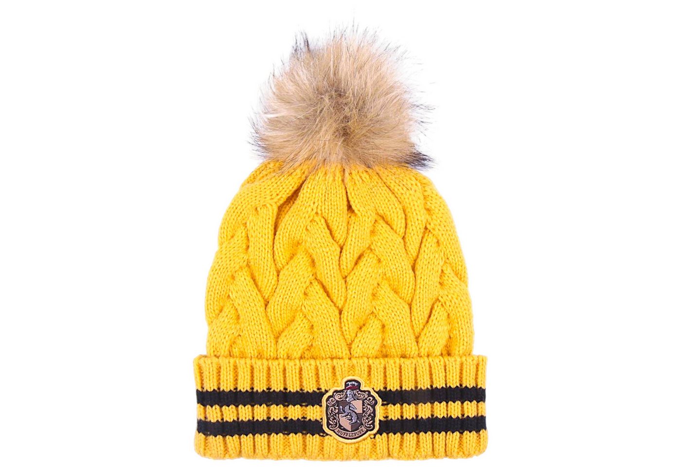 Cerdá Bommelmütze Harry Potter - Hufflepuff Strickmütze mit Zopfmuster & Kunstfell-Bommel 56 cm von Cerdá