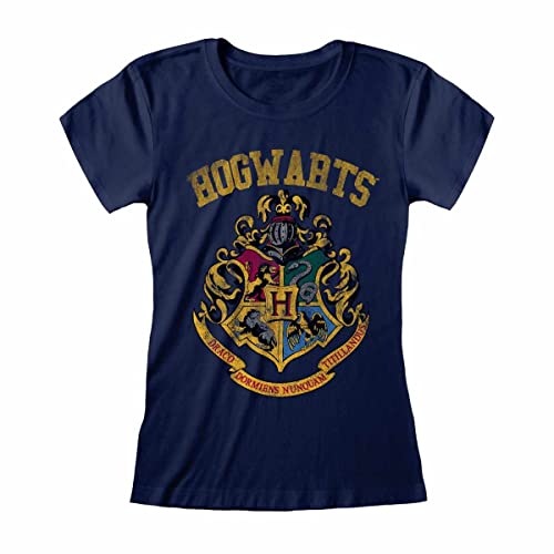 Harry Potter B0BSF39B5M in unserem Katalog. Ändern Sie das Produktattribut auf Damen/Damen Hogwarts Wappen Fitted T-Shirt (XXL) (Marineblau) von Harry Potter