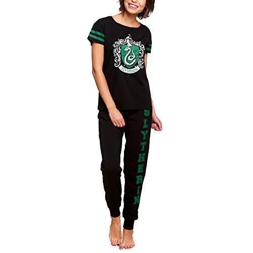 Elbenwald Harry Potter Pyjama Slytherin Häuserwappen Frontprint und Schriftzug auf Hose 2teilig für Damen Baumwolle schwarz - S von Elbenwald