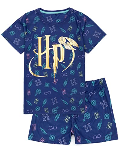 Harry Potter Kinderpyjama | Mädchen Zauberer Brille Zaubersprüche Hogwarts HP Gold Logo Marineblau Kurzarm T-Shirt Shorts Set | Magische Kleidung Merchandise von Harry Potter