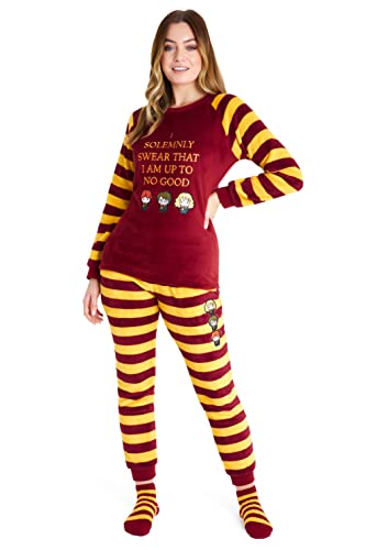 Harry Potter Schlafanzug Damen Lang mit Socken Fleece Pyjama Set Hausanzug Damen Kuschelig (Rot/Gelb, XL) von Harry Potter