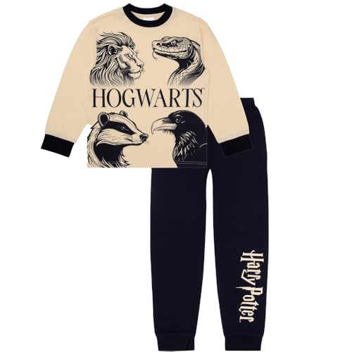 Harry Potter Schlafanzug für Jungen, offizielles Hogwarts-Kinder-Nachtwäsche-Set mit langärmeligem Oberteil und Hose mit Bündchen, Alter 6–13 Jahre, beige, 12-13 Years von Harry Potter