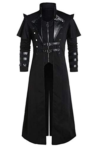 Harrypetter Steampunk Langer Mantel Herren Mittelalterlicher Ritter Kostüm Zweireihiger Reißverschluss Leder Rüstung Jacke Frack Gr. XL, Schwarz von Harrypetter