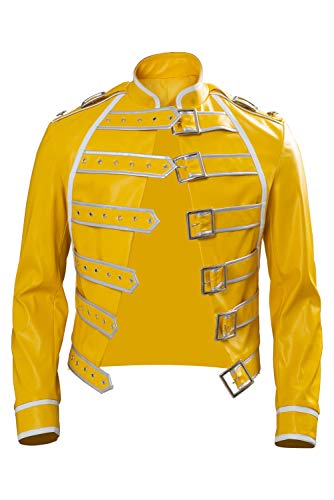 Rock Star Freddie Cosplay Kostüm Herren 80er Jahre Rockband Steampunk Wembley Konzert Lederjacke gelb, gelb, XL von Harrypetter