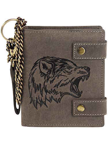 Harrys-Collection Herren Geldbörse mit Wolf Motiv aus hochwertigem Leder + RFID mit Kette Vintage Look, Farben:Dunkelbraun von Harrys-Collection