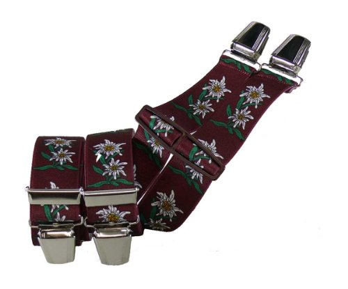 Harrys-Collection Damen Herren Hosenträger mit 4 extra starken Clips Edelweiß 6 Farben!, Farben:weinrot von Harrys-Collection