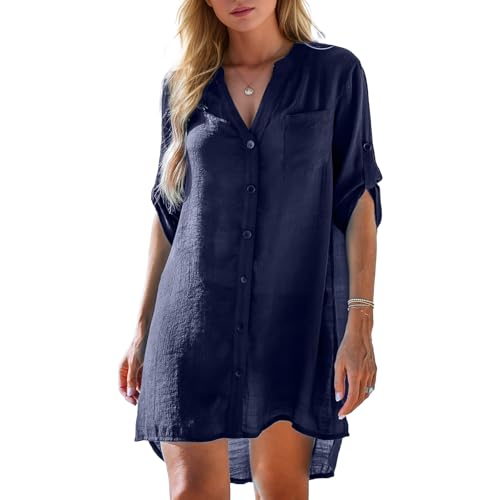 Damen Strandkleid Bikini Cover Up Strandponcho Damen Sommer Pareos Sommerkleid Elegant Bademode Strand Vertuschen Shirt (DE/NL/SE/PL, Alphanumerisch, L, Regular, Regular, Blau) von Harsever