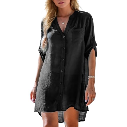 Damen Strandkleid Bikini Cover Up Strandponcho Damen Sommer Pareos Sommerkleid Elegant Bademode Strand Vertuschen Shirt (DE/NL/SE/PL, Alphanumerisch, XXL, Regular, Regular, Schwarz) von Harsever