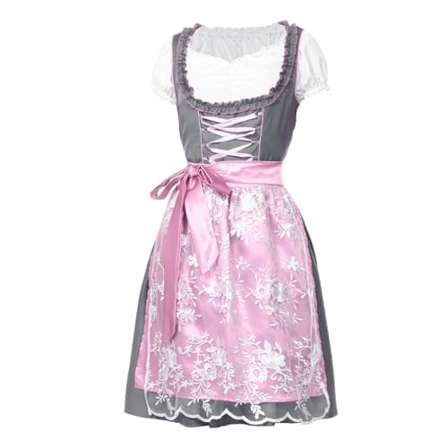 Harsever Dirndl Damen Midi Trachtenkleid Damen Trachtenmode Kleid Dirndlbluse für Oktoberfest Pink für Oktoberfest Karneval (Rosa, L) von Harsever