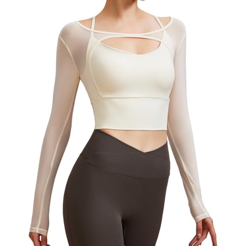 Harssidanzar Damen 2-in-1 Langarm Yoga Shirts, Netz-Gym-Sport-Oberteile, Trainings-Shirts mit Sport-BH CL304EU, Weiß, Größe L von Harssidanzar
