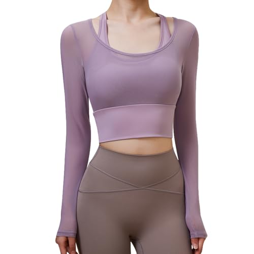 Harssidanzar Damen 2 in 1 Yoga Langarm Mesh Gym Athletic Tops Workout Fitness Shirts mit Medium Support Sport-BH CL301EU, Violett, Größe M von Harssidanzar