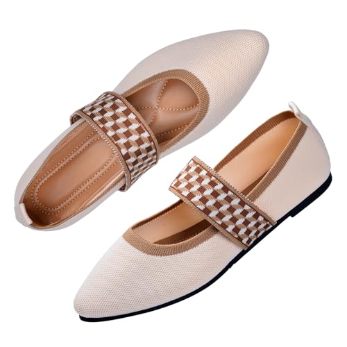 Harssidanzar Damen Ballerinas Waschbare Slip On Flachschuhe mit Strickspitze, Bequem Mary Jane,RL002EU,Elfenbein,Größe 36 von Harssidanzar