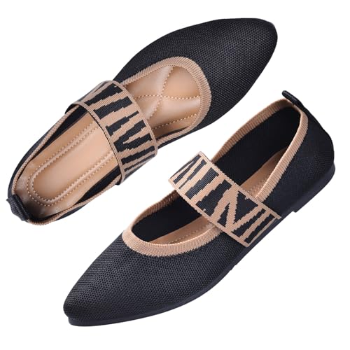 Harssidanzar Damen Ballerinas Waschbare Slip On Flachschuhe mit Strickspitze, Bequem Mary Jane,RL002EU,Schwarz,Größe 36 von Harssidanzar