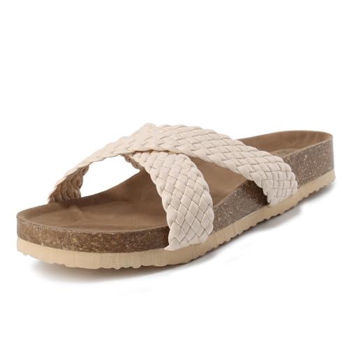 Harssidanzar Damen Cross Slide Sandalen mit weichem Kork Fußbett Plattform Bequemes Slip On Slide Sandale KL223EU,Beige,Größe 37 von Harssidanzar