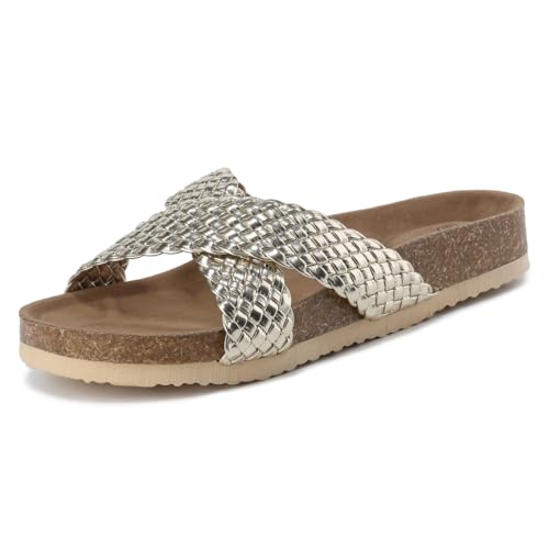 Harssidanzar Damen Cross Slide Sandalen mit weichem Kork Fußbett Plattform Bequemes Slip On Slide Sandale KL223EU,Golden,Größe 37 von Harssidanzar