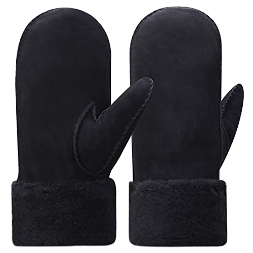 Harssidanzar Damen Fäustlinge,Winter Schaffell Lammfell beheizte warme pelzige Stulpenhandschuhe Lederhandschuhe KL024EU, Schwarz, Größe S von Harssidanzar